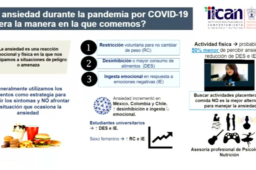 Académicas del CUSur presentan resultados de la investigación “Impacto de la alimentación frente al COVID-19: inmunidad y ansiedad durante el confinamiento” La ansiedad es una reacción emocional y física que una persona siente para anticipar un peligro o amenaza, y muchas veces para aliviarla se suele recurrir a alimentos ricos en grasas y azúcares.   Durante la pandemia del COVID-19, investigadoras del Instituto de Investigaciones en Comportamiento Alimentario y Nutrición (IINCAN), del Centro Universitario